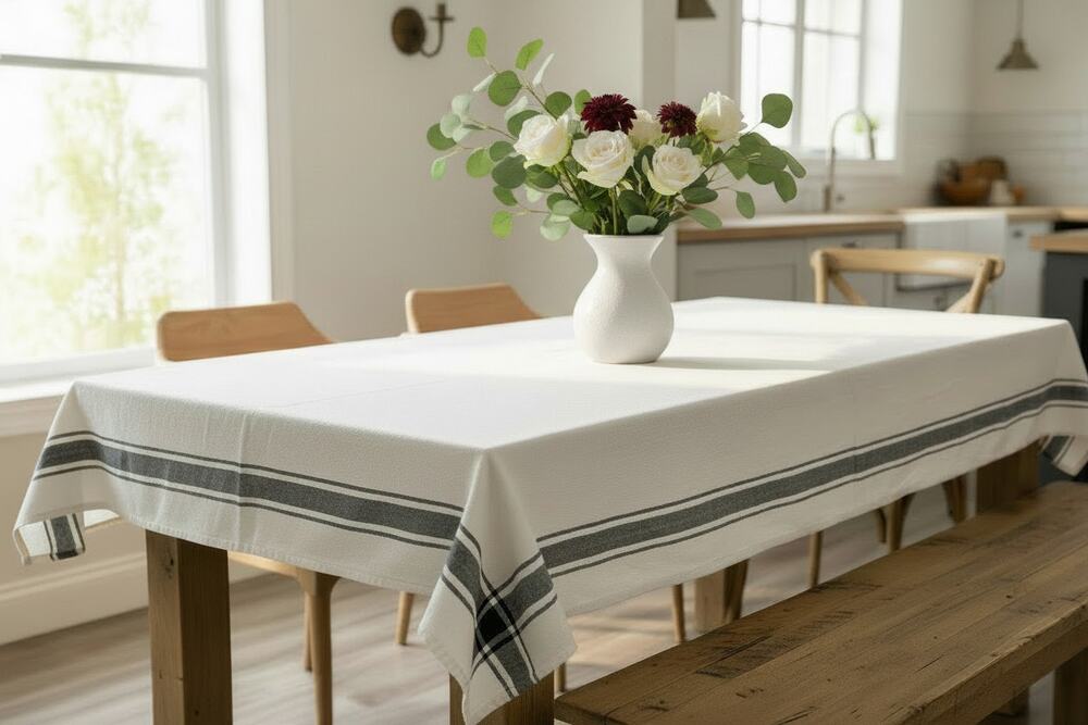 Our Table Farmhouse Cotton Ivory Black Muslin Tablecloth 60 x 120  Seats 10-12